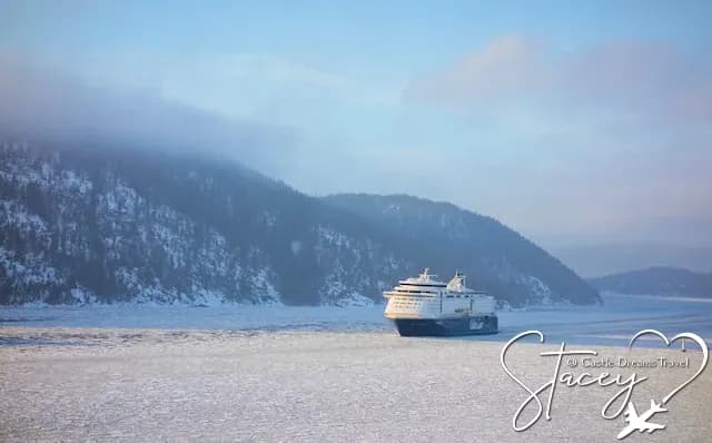 Cruise ship sailing an icy fjord between snow-dusted mountains