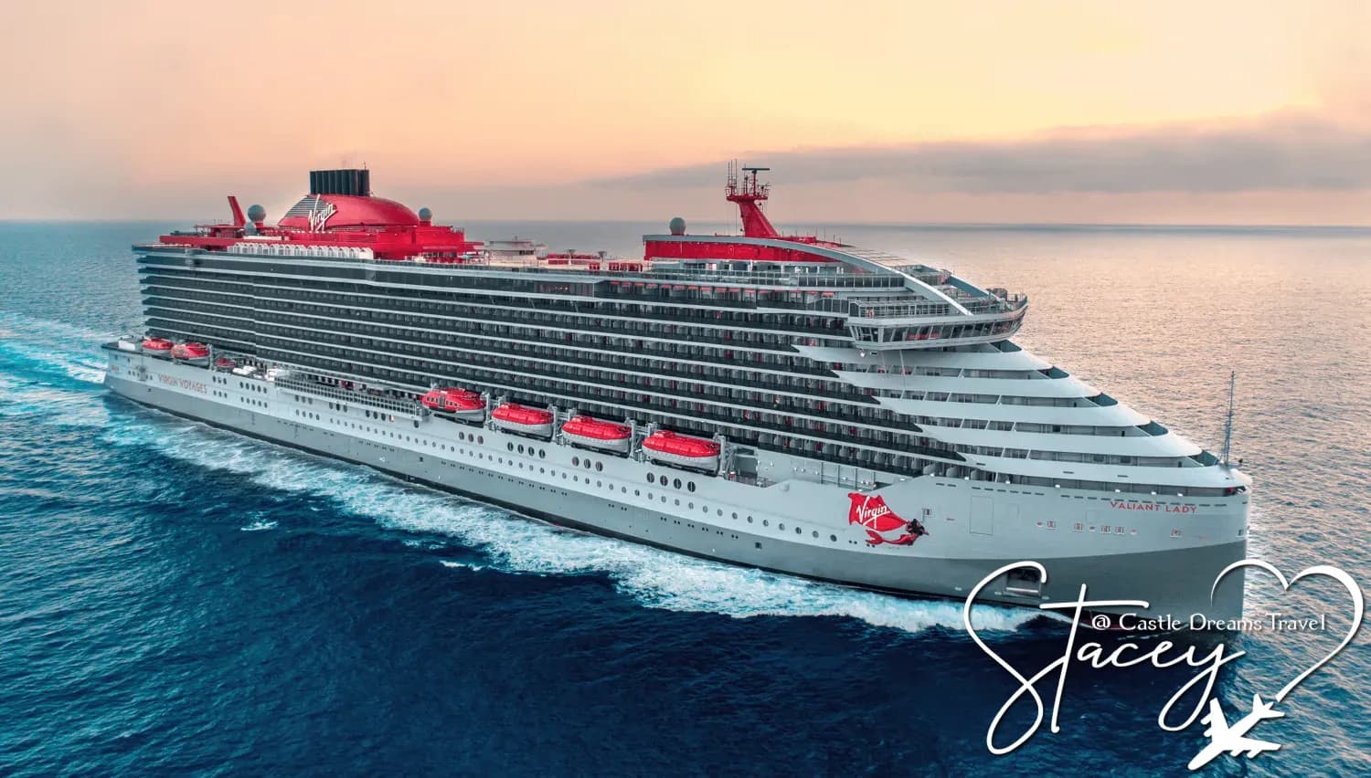 Virgin Voyages' Valiant Lady at sea at sunset