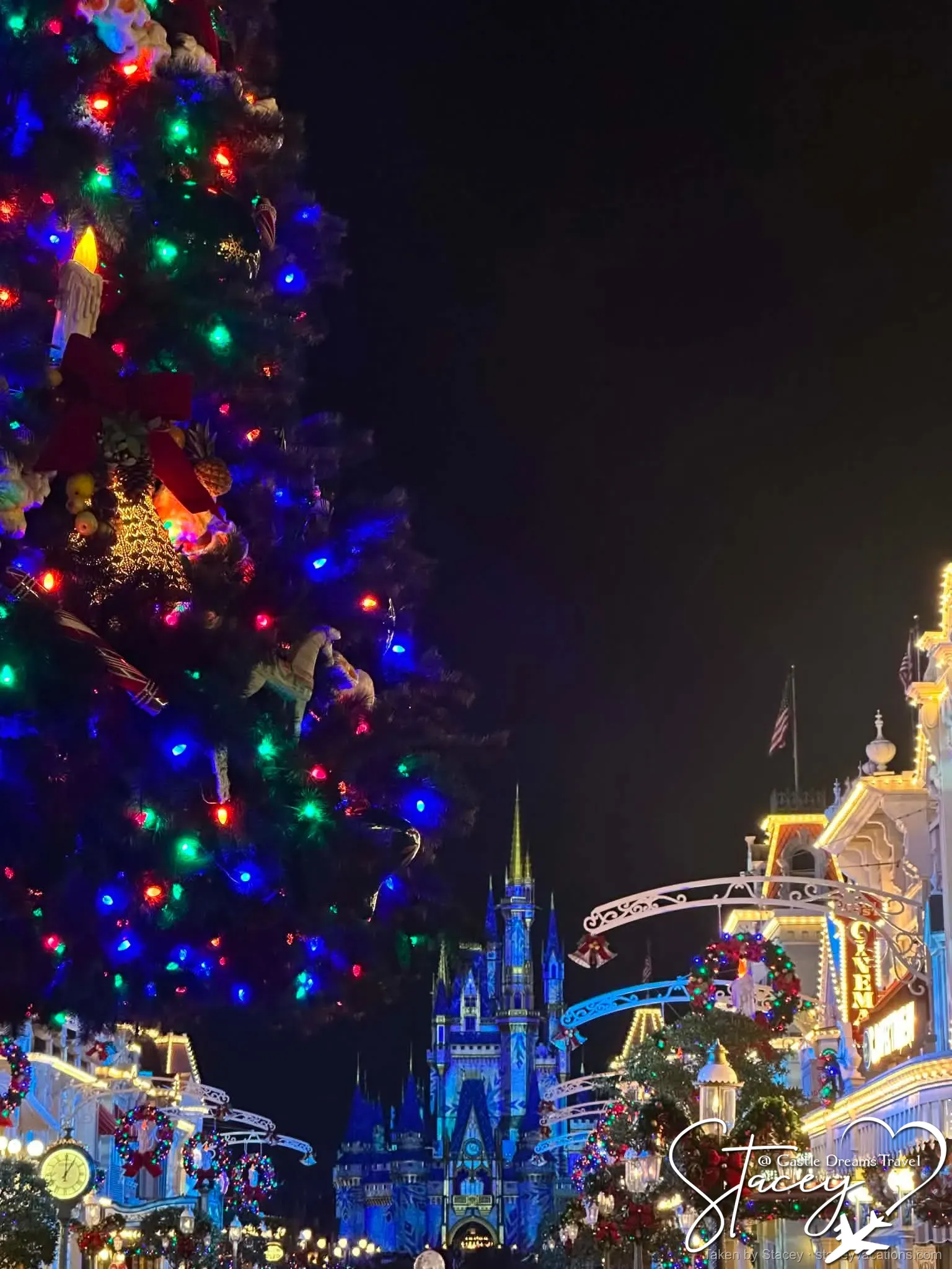 Towering Christmas tree on Main Street, U.S.A. at Magic Kingdom — photo by Stacey