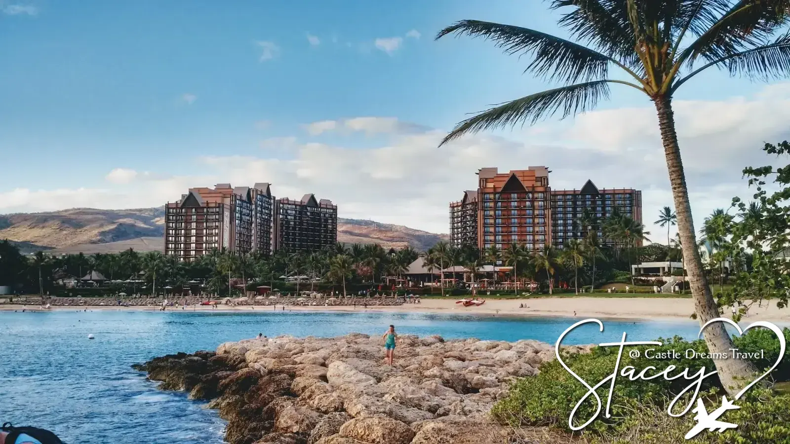 Aulani, a Disney Resort & Spa, above the beach and lagoon at Ko Olina, Hawaii