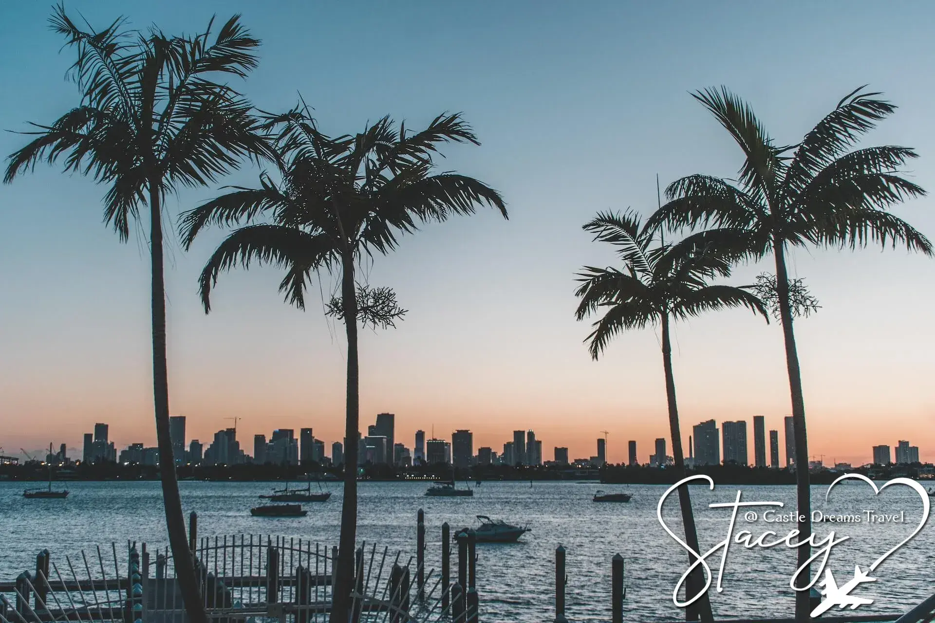 Palm trees framing the Miami skyline across the water at sunset