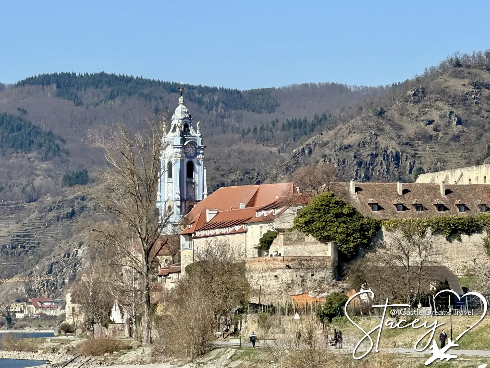 Dürnstein's blue-and-white abbey tower rising over the town in Austria's Wachau valley