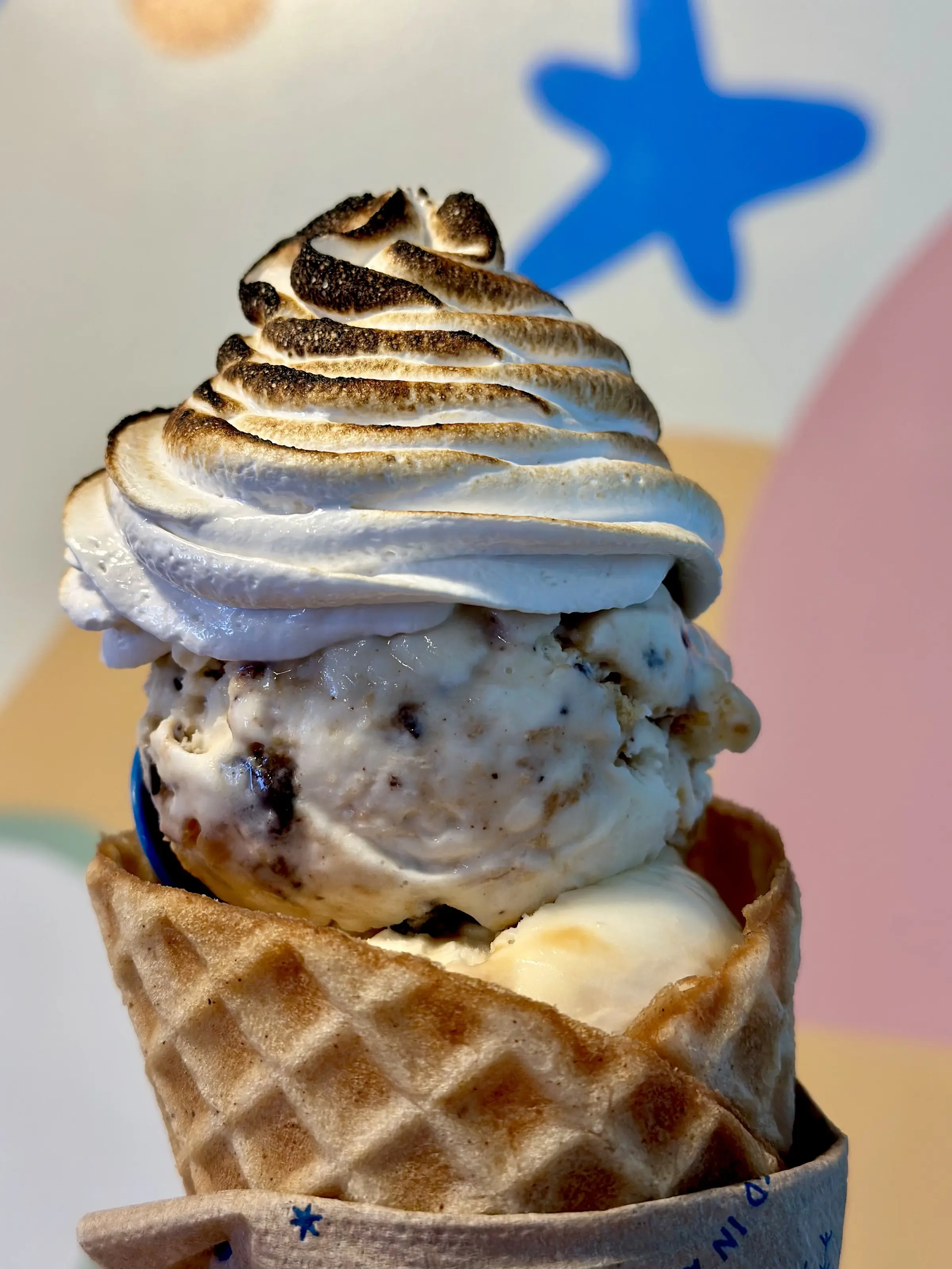 A Baked Alaska cone at Wild Scoops, torched marshmallow cream on a homemade waffle cone