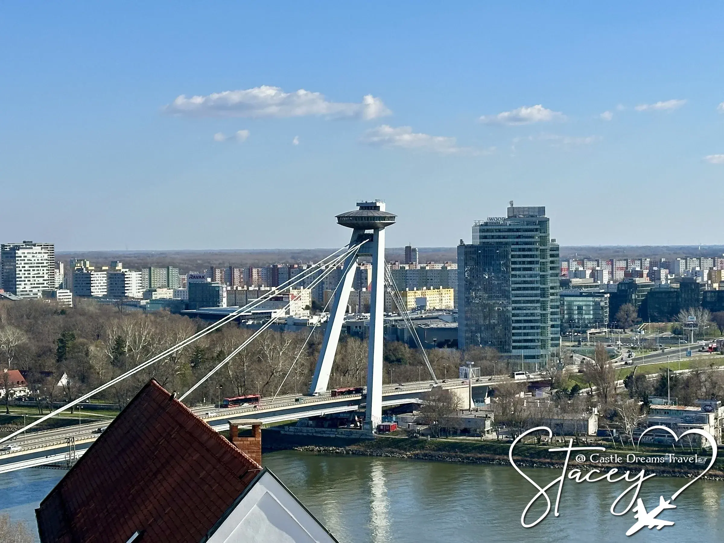 The SNP Bridge and its UFO-shaped observation deck spanning the Danube at Bratislava