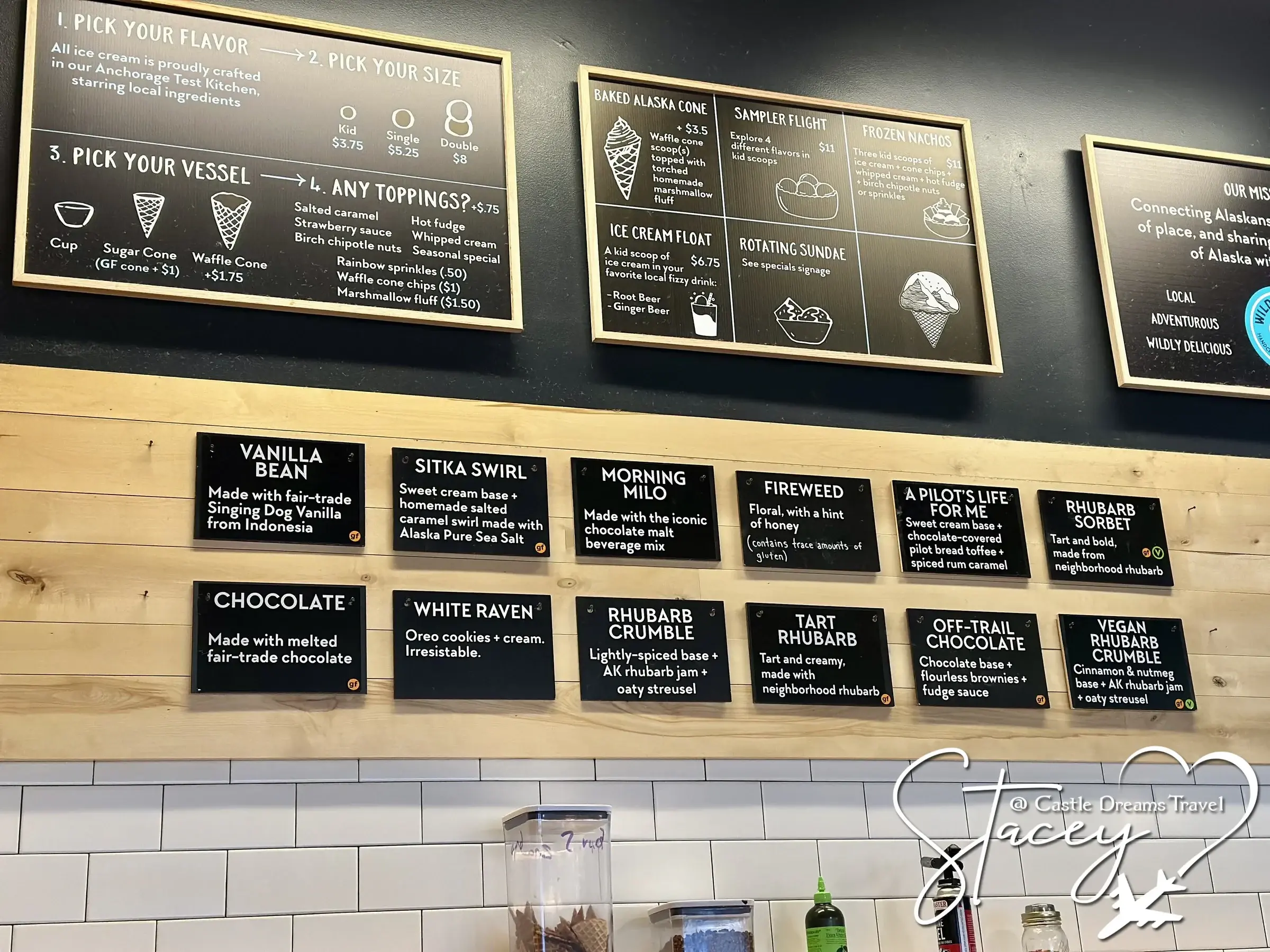The flavour menu board behind the counter at Wild Scoops in Anchorage