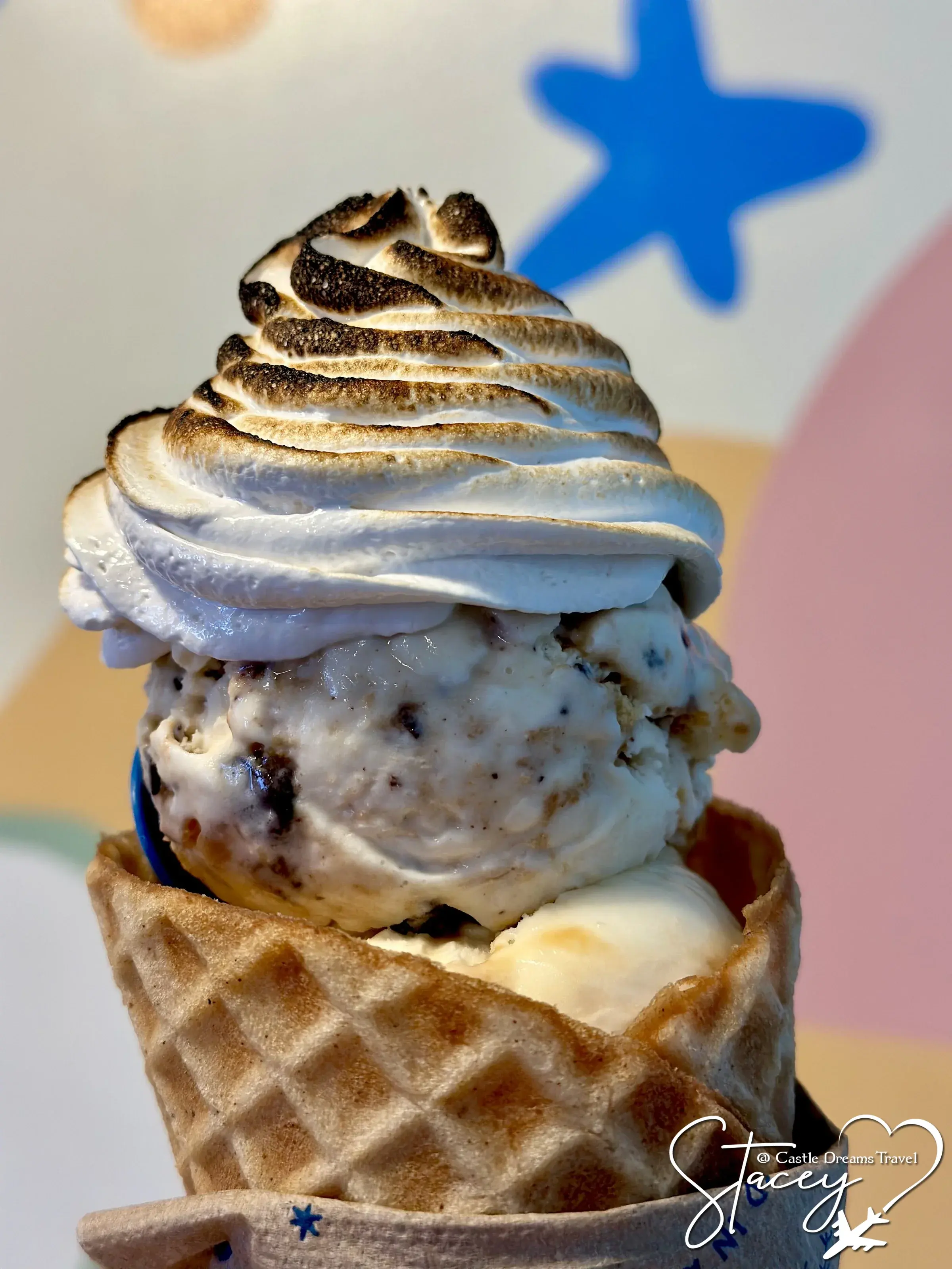 A Baked Alaska cone at Wild Scoops, torched marshmallow cream on a homemade waffle cone