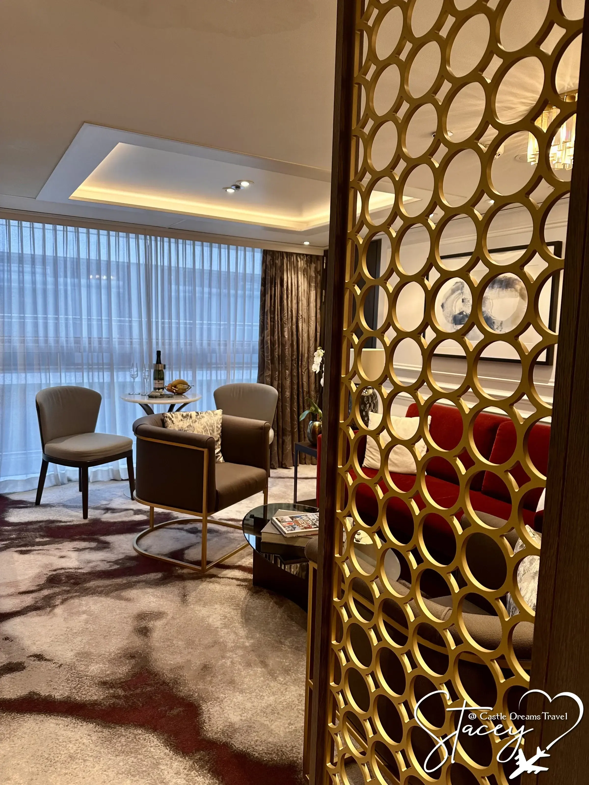 A dining area behind a gold screen aboard a Riverside river ship