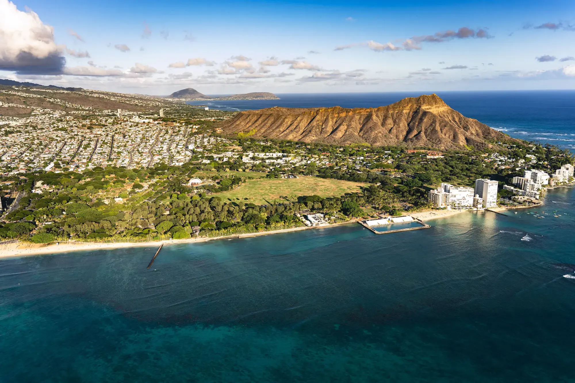 Aerial view of Diamond Head crater and the Waikiki coastline on Oahu, Hawaii
