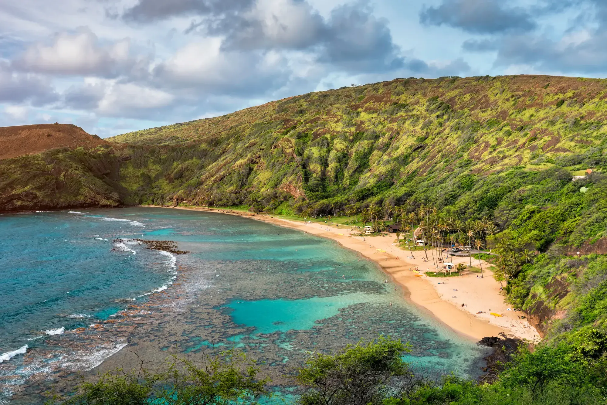 Aerial overview of the turquoise crescent of Hanauma Bay on Oahu, Hawaii